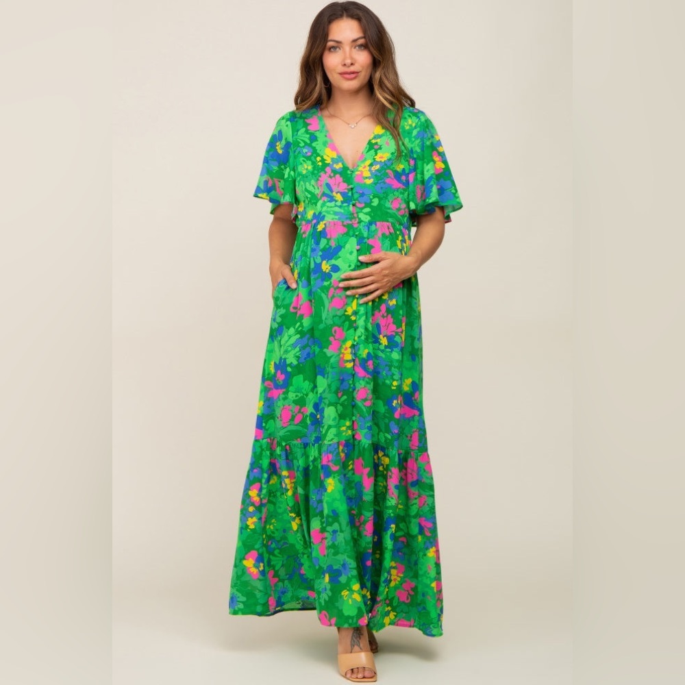 Pinkblush Green Floral Maxi Dress with Pink & Blue Accents